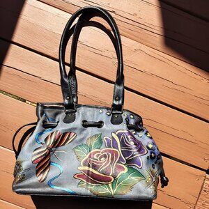 Anschuka leather purse Steel grey with butterfly and roses